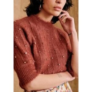 EUC‎ Sézane Céleste Vintage Pink Mohair Blend Sweater Ribbed Rhinestone Jumper